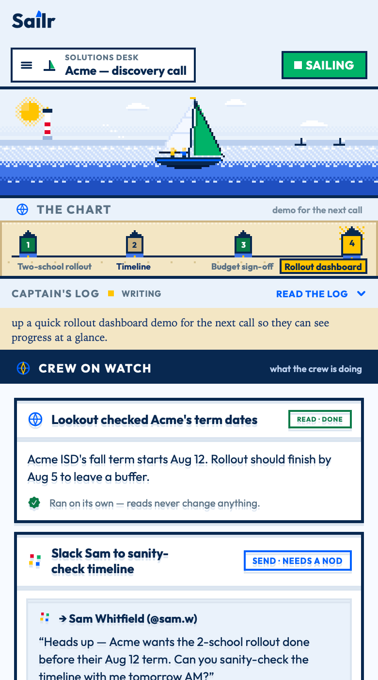 The Sailr app mid-sail: live transcript, sea chart and crew cards