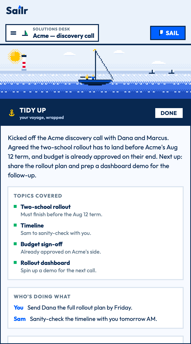 Tidy Up wrap: recap, topics covered, who is doing what